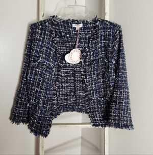 Umgee Blazer NWT womens Medium blue white tweed open front business casual